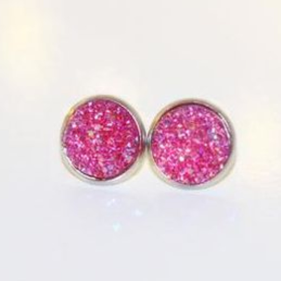 Hot Pink Druzy Stud Earrings - Picture 3 of 5